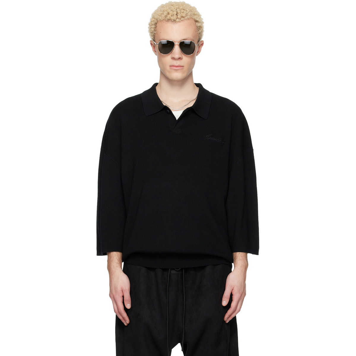 Fear of God ESSENTIALS Black Signature 3/4 Sleeve 90s Knit Polo
