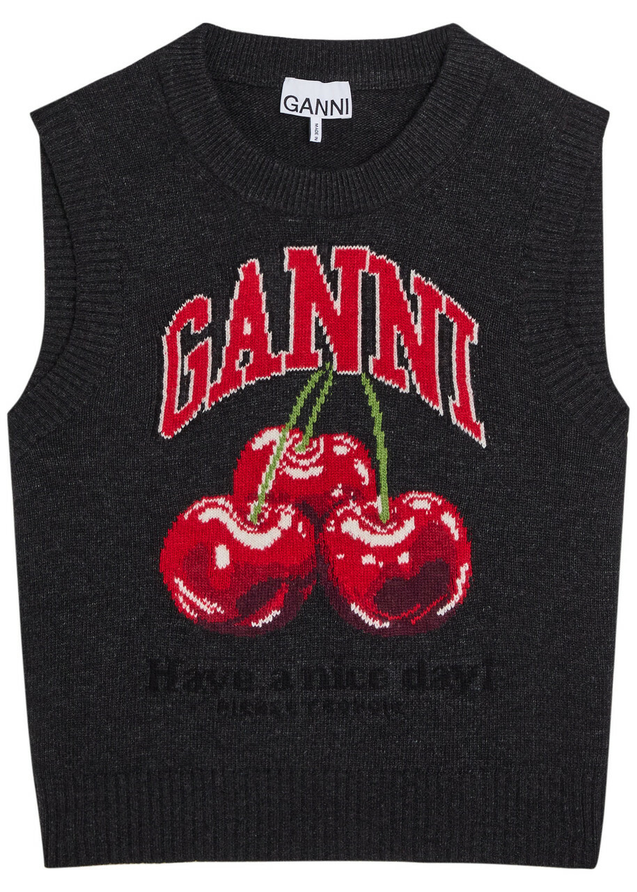 Ganni Logo-intarsia Wool-blend Vest Black