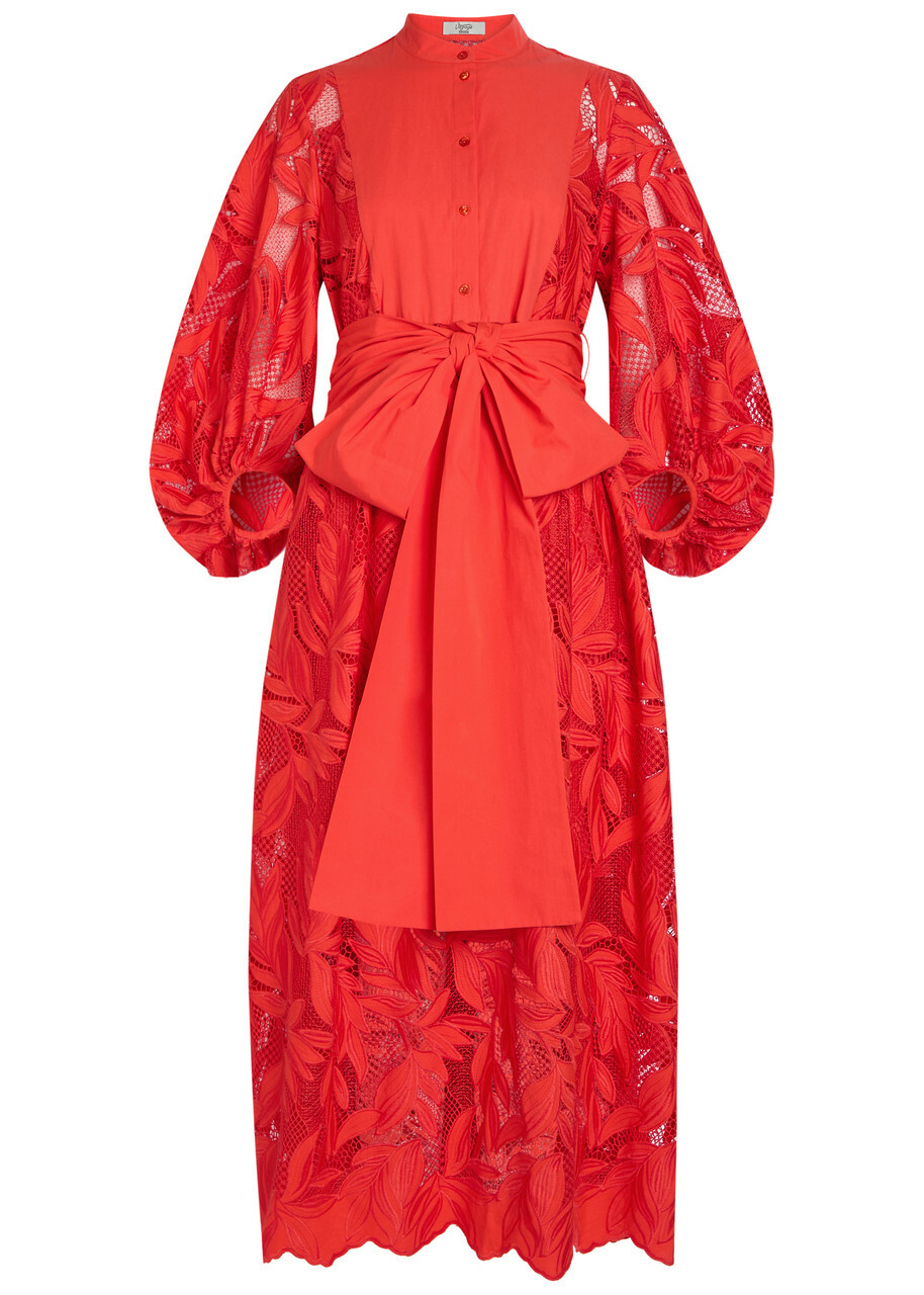 Erdem Floral Cutwork Poplin Midi Shirt Dress Orange