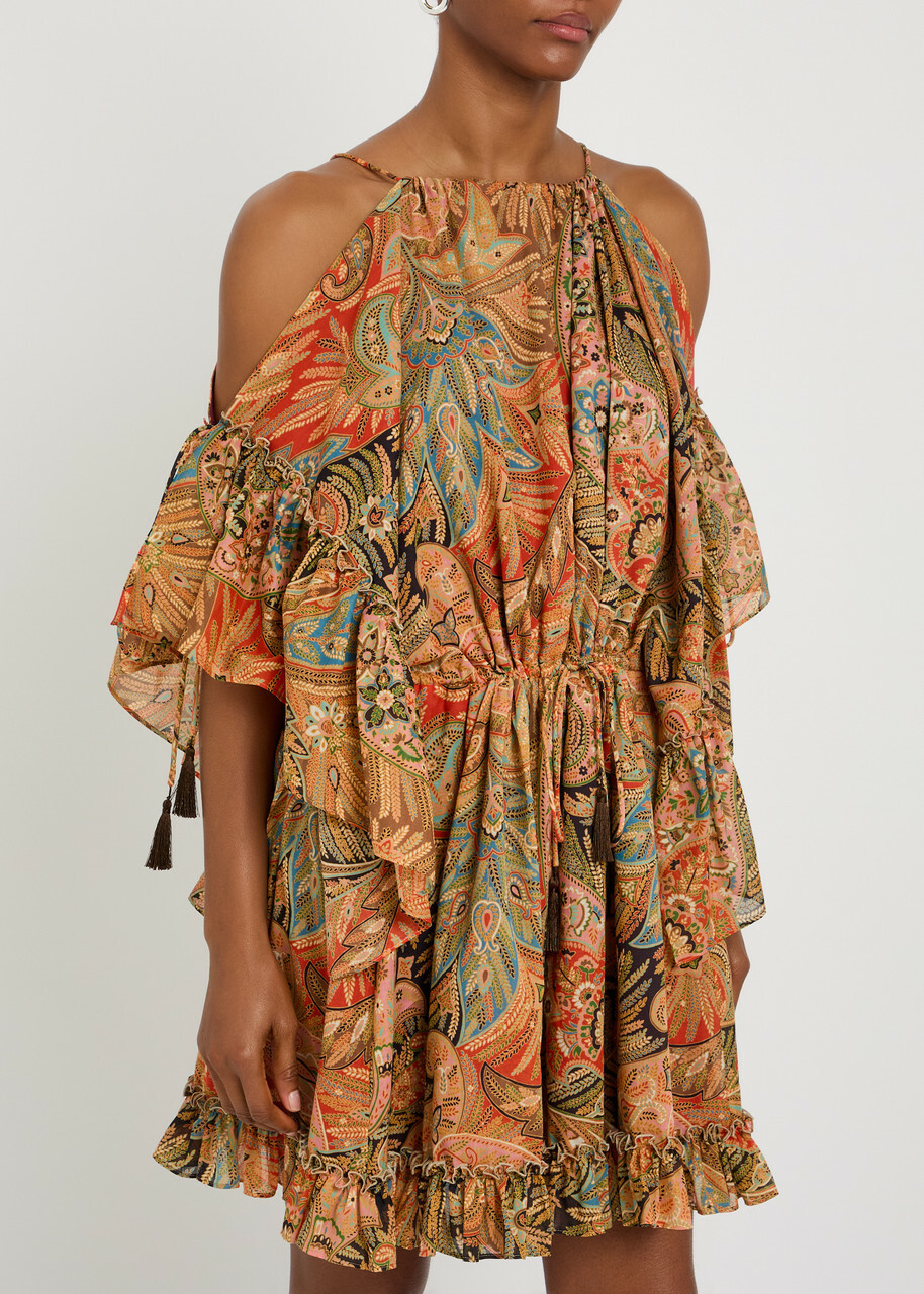 Etro Paisley Frill Cotton Mini Dress Multicoloured