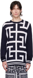 Balmain White & Navy Jacquard Sweater