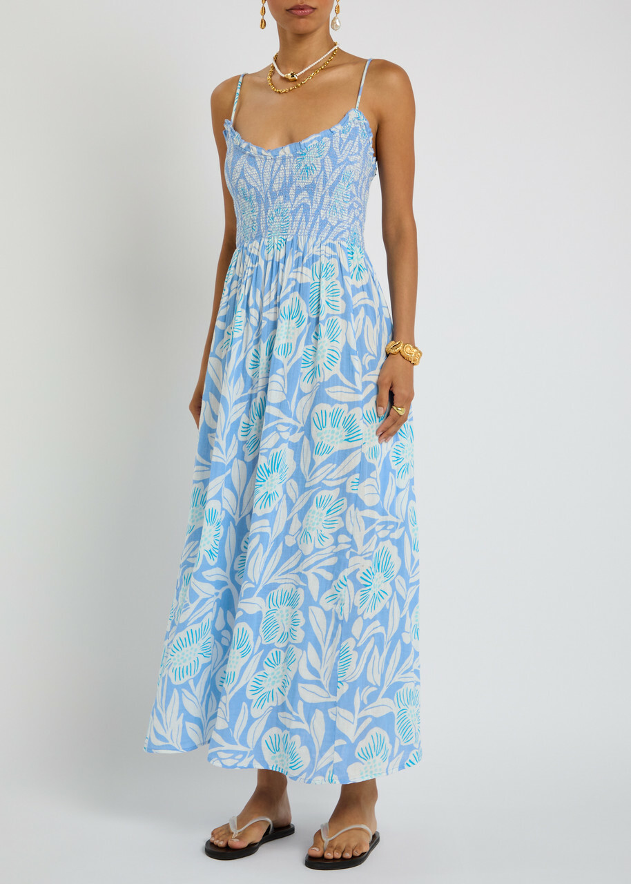 Free People Sweet Nothings Printed Cotton Midi Dress Blue