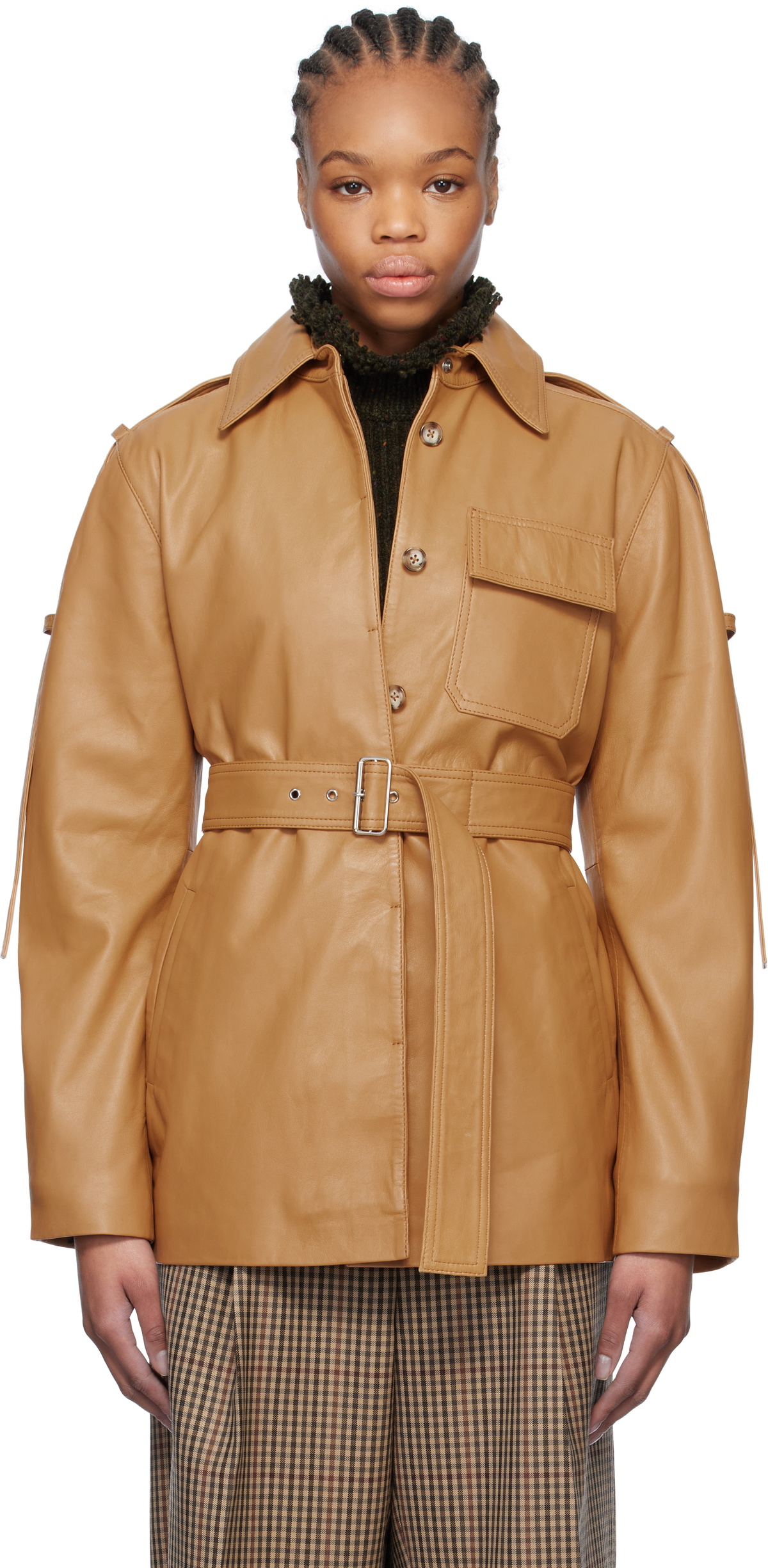 Victoria Beckham Tan Belted Boxy Leather Jacket