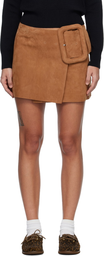 Photo: AMI Paris Tan Goat Leather Big Buckle Belted Miniskirt
