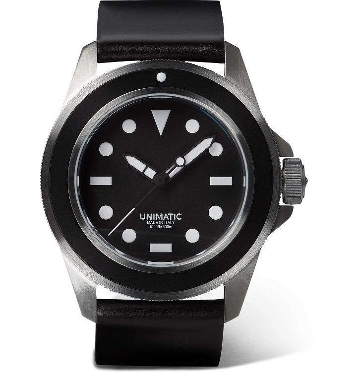 Photo: UNIMATIC - U1-FM Brushed Stainless Steel and Leather Watch - Black