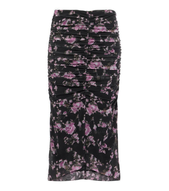 Photo: Ganni Floral ruched mesh midi skirt