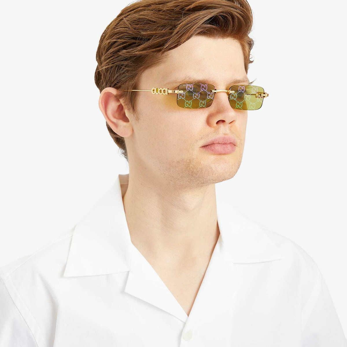 Gucci GG1808S 002 Sunglasses Gold Rectangle Frame, Green with GG pattern Lenses Gucci GG1808S 002 Sunglasses - US main image 3