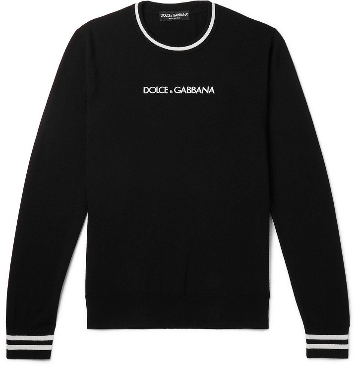 Photo: Dolce & Gabbana - Slim-Fit Contrast-Tipped Logo-Embroidered Virgin Wool Sweater - Men - Black