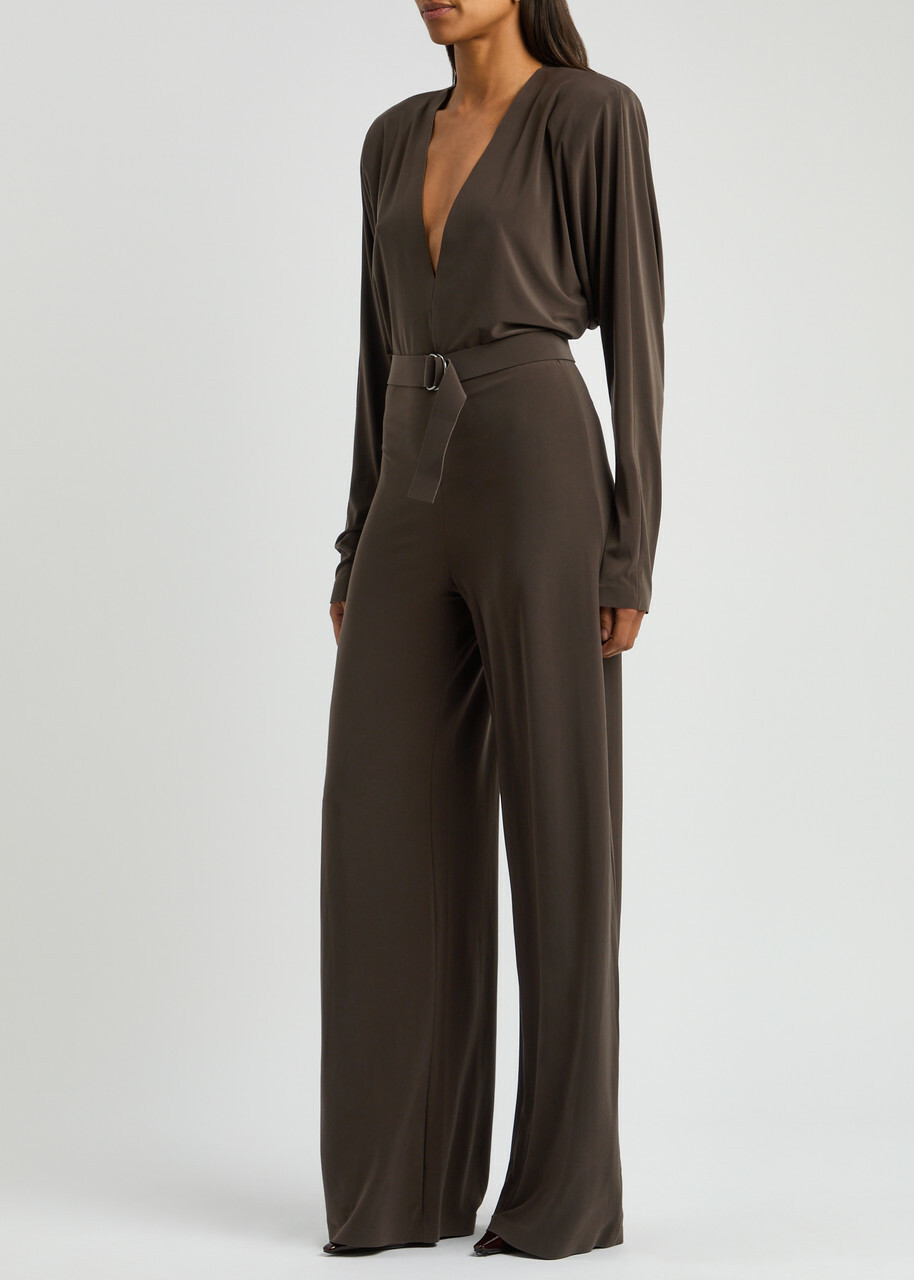 Norma Kamali Belted Wide-leg Stretch-jersey Jumpsuit Dark Brown