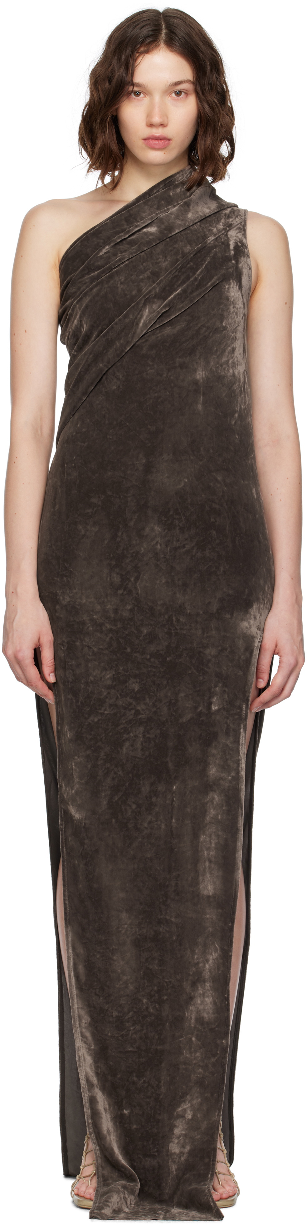 パーティードレス Rick Owens Athena Arrowhead' Brown Asymmetric Long Dress Brown Hollywood Athena Arrowhead Maxi Dress by Rick Owens on