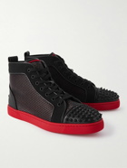 Christian Louboutin - Lou Spikes Studded Leather, Mesh and Canvas High-Top Sneakers - Black