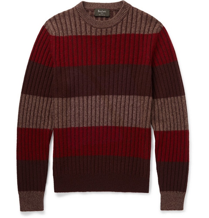 Photo: Berluti - Striped Cashmere, Silk and Wool-Blend Sweater - Men - Red
