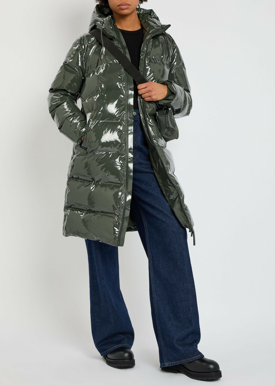 Rains Alta Long Quilted Coated Rubberised Jacket Dark Green