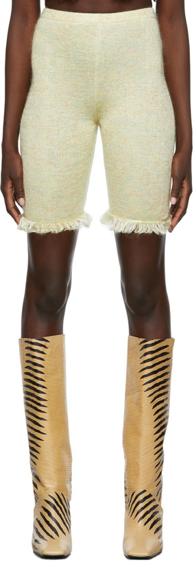 Photo: Gauntlett Cheng SSENSE Exclusive Yellow Knit Bubble Fringe Shorts