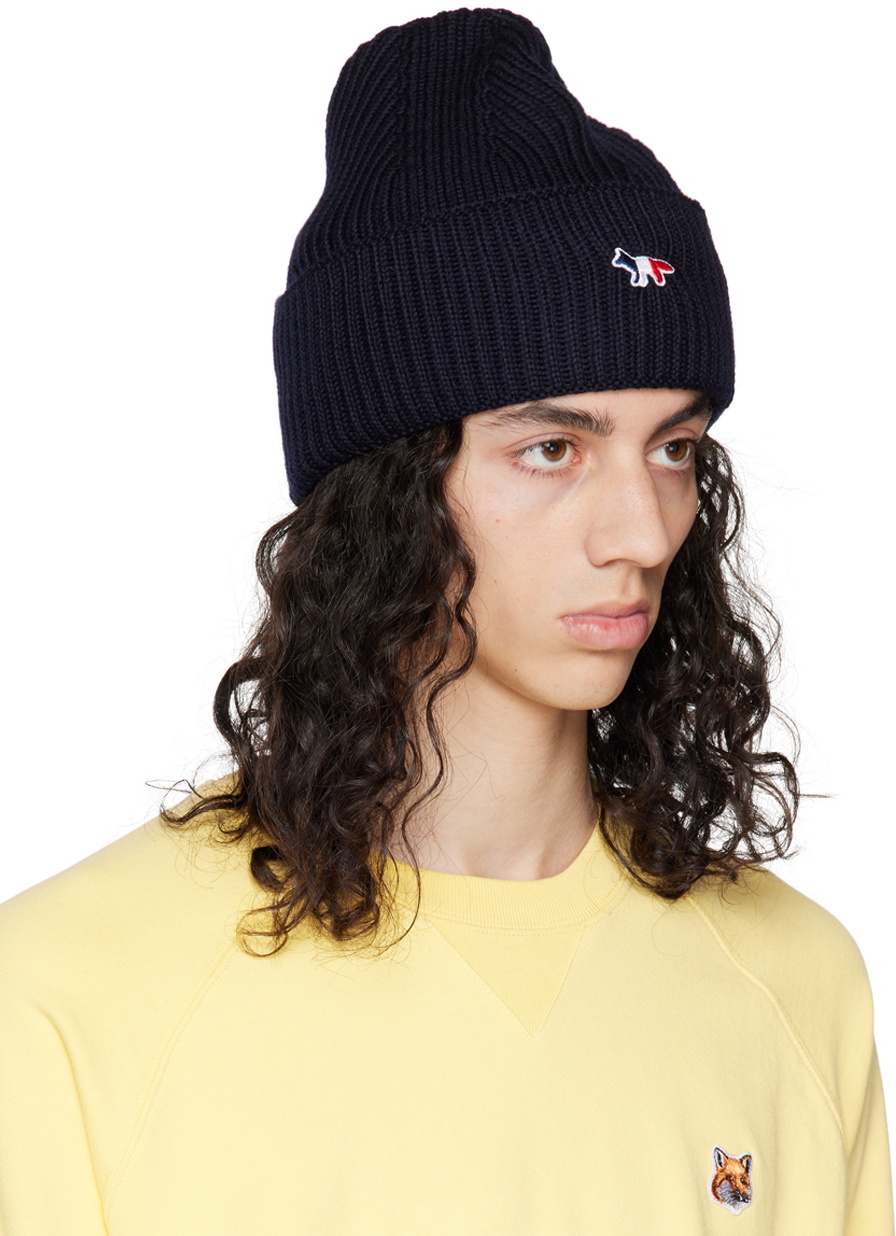 Maison Kitsuné Navy Tricolor Fox Patch Beanie Maison Kitsune