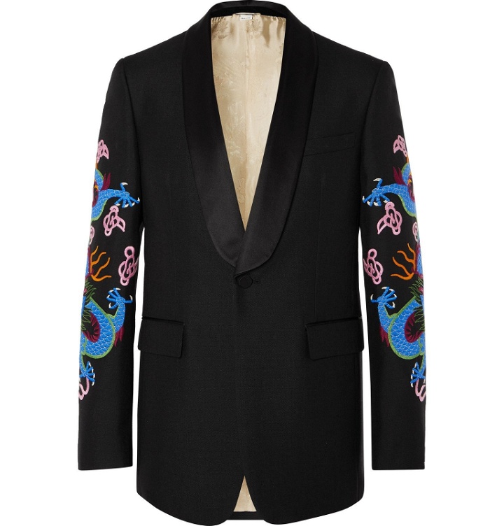 Photo: Gucci - Black Embroidered Satin-Trimmed Wool and Mohair-Blend Tuxedo Jacket - Multi