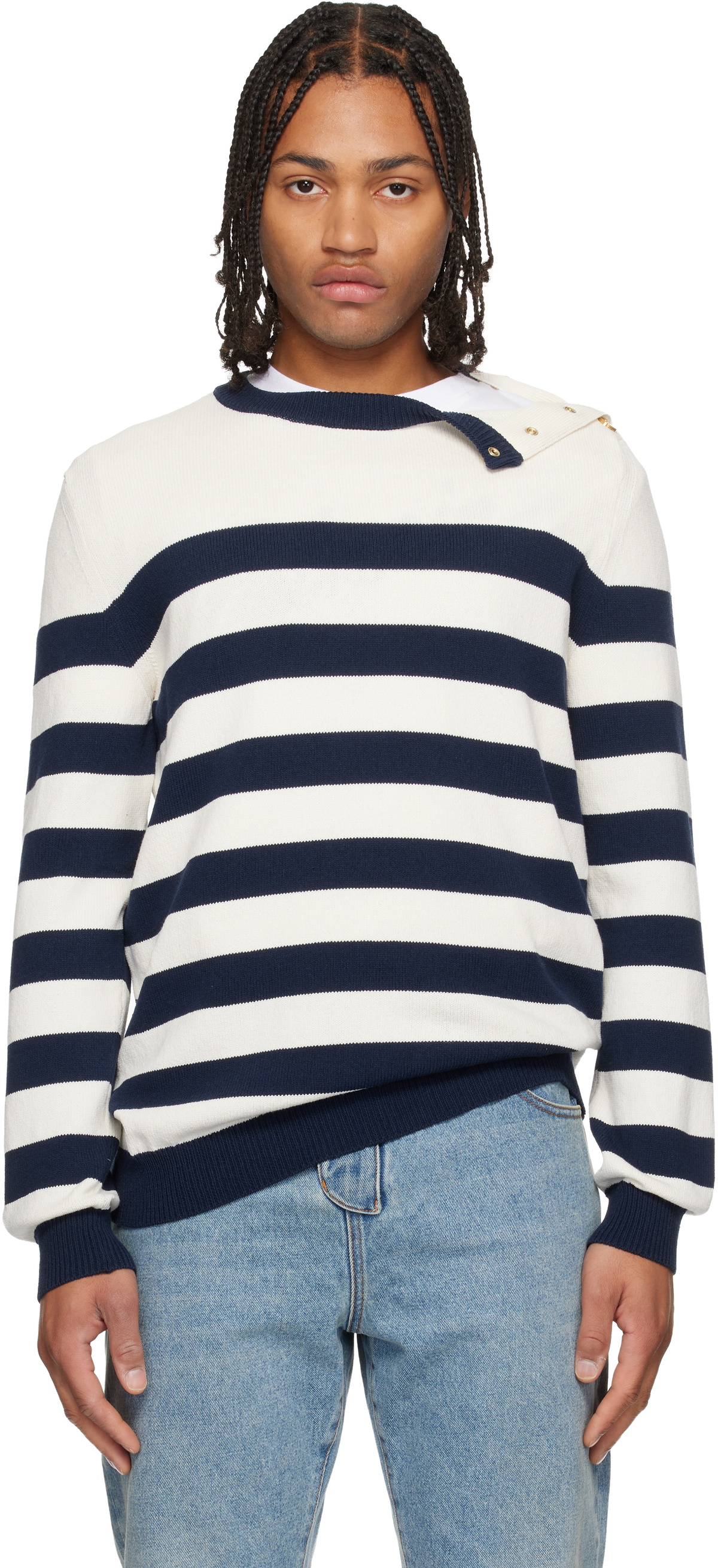 Balmain White & Navy Buttoned Marinière Knit Sweater