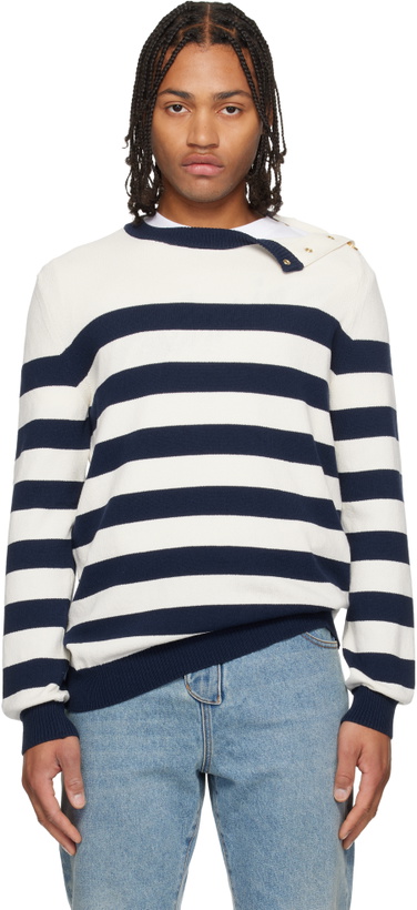 Photo: Balmain White & Navy Buttoned Marinière Knit Sweater