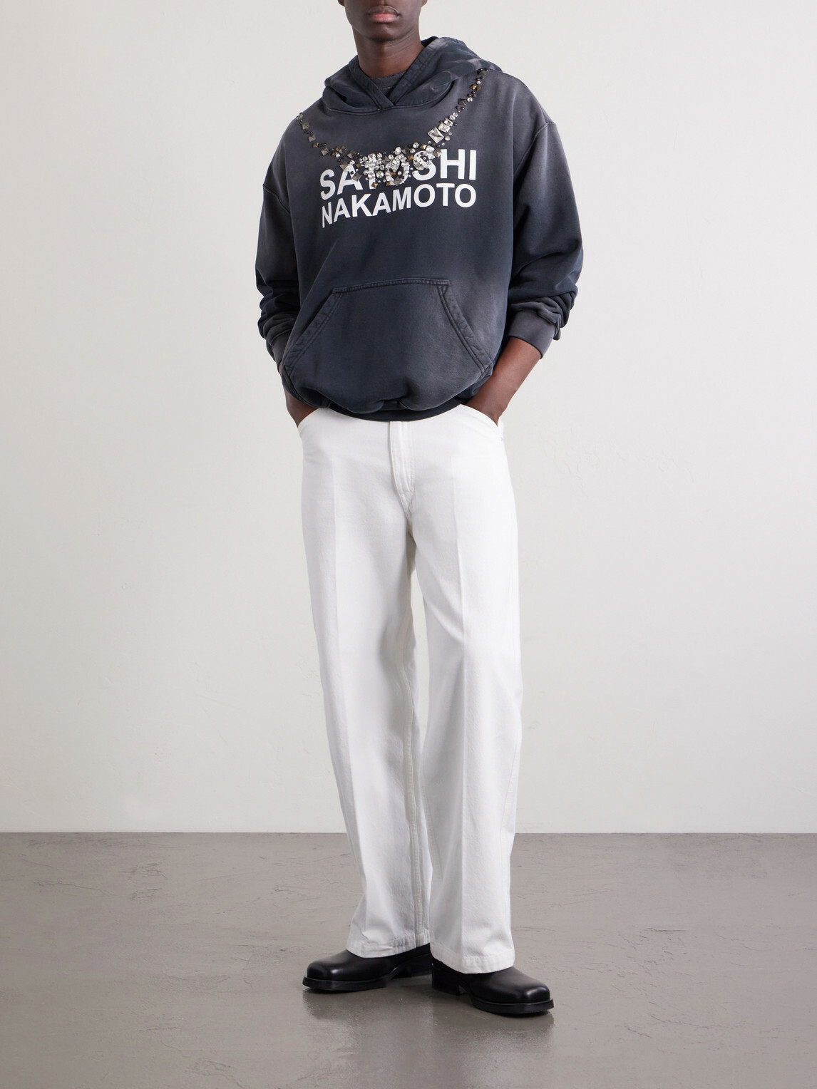 Satoshi Nakamoto - Logo-Print Embellished Cotton-Jersey Hoodie - Black