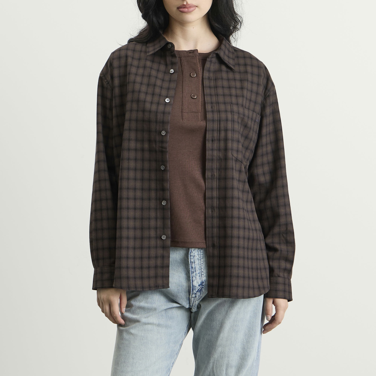 DUNST Women's Checked Flannel Shirt in Khaki