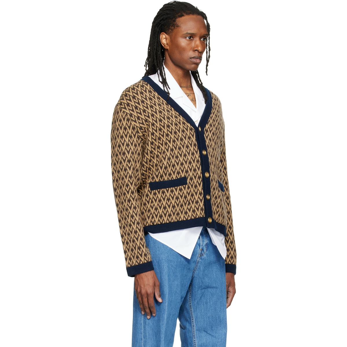 Valentino Beige & Navy Jacquard Logo Wool Cardigan
