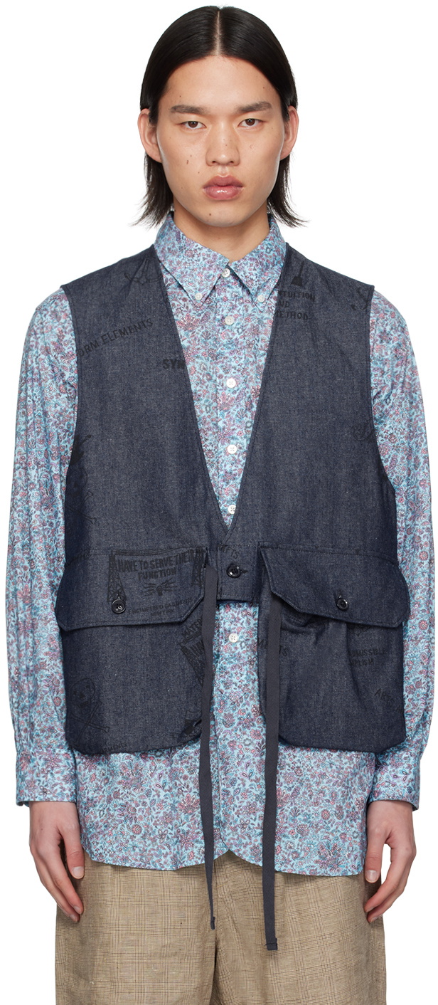 Engineered Garments: Indigo Graffiti Denim Vest | SSENSE