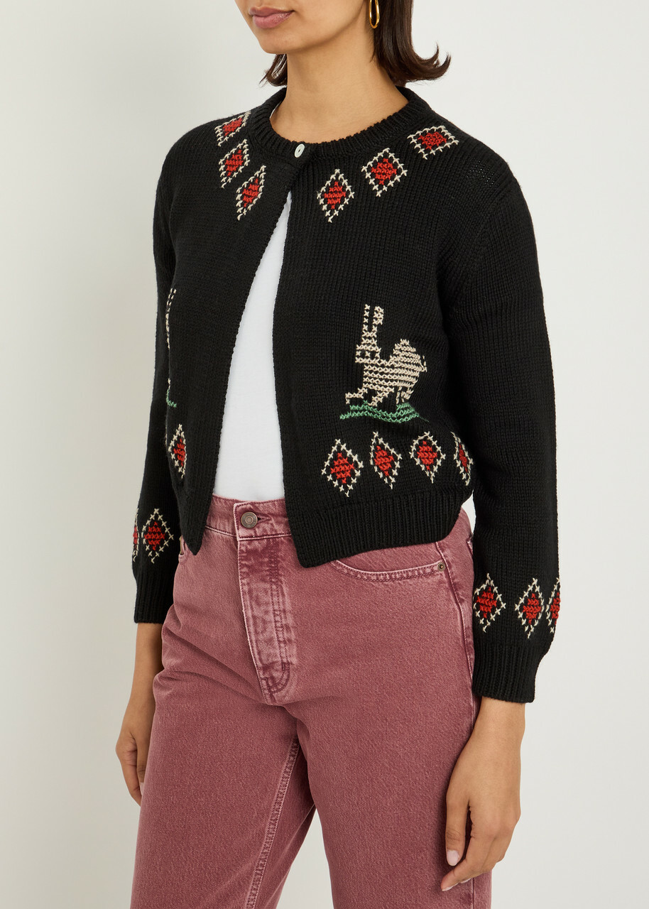 Bode Bunny Embroidered Wool Cardigan Black