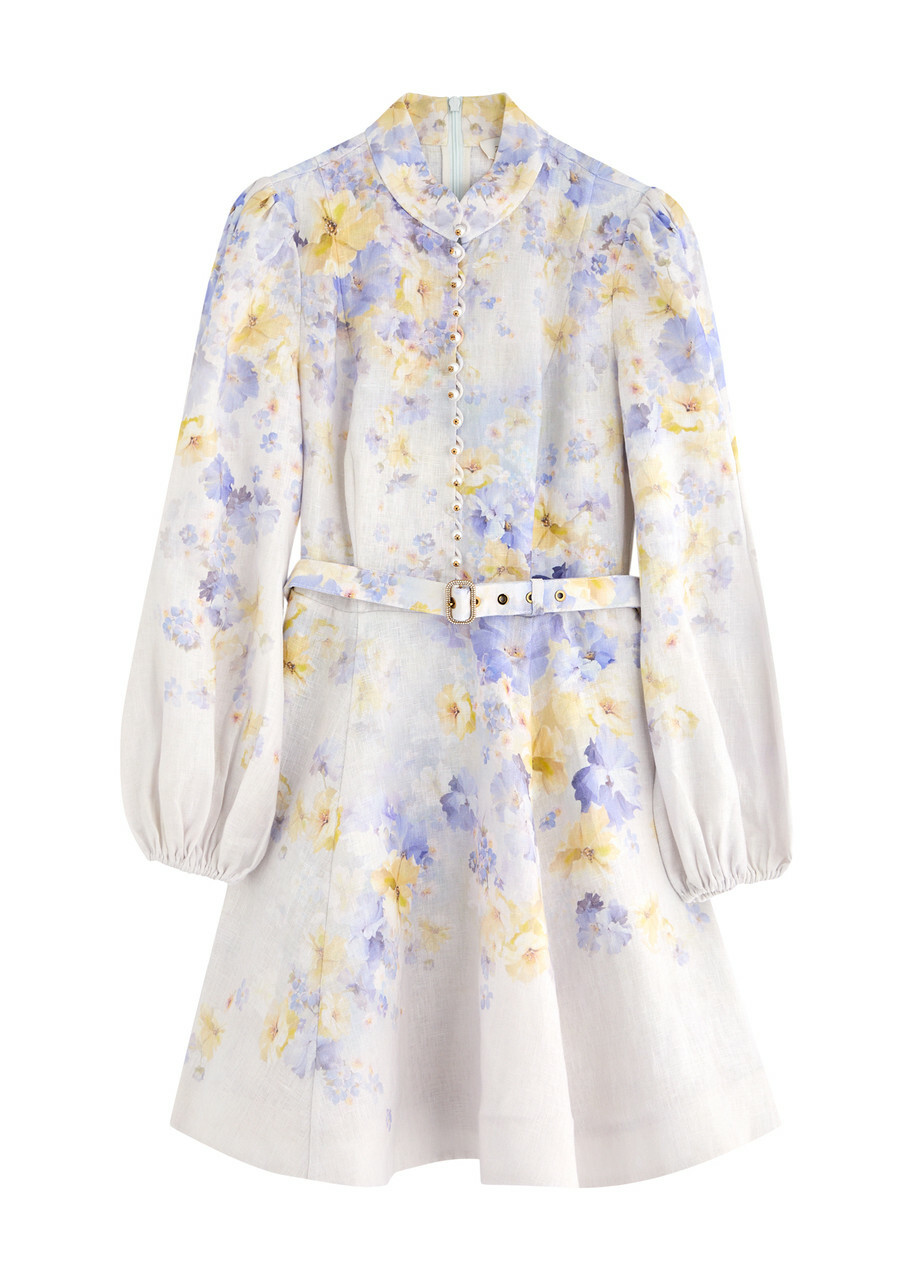 Zimmermann Crush Floral-print Belted Linen Mini Dress Multi