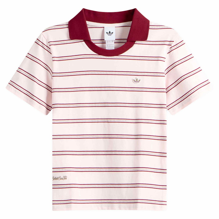 Photo: Adidas Women's Stripe Polo in Distilled Pink/Collegiate Burgundy/Khaki Six