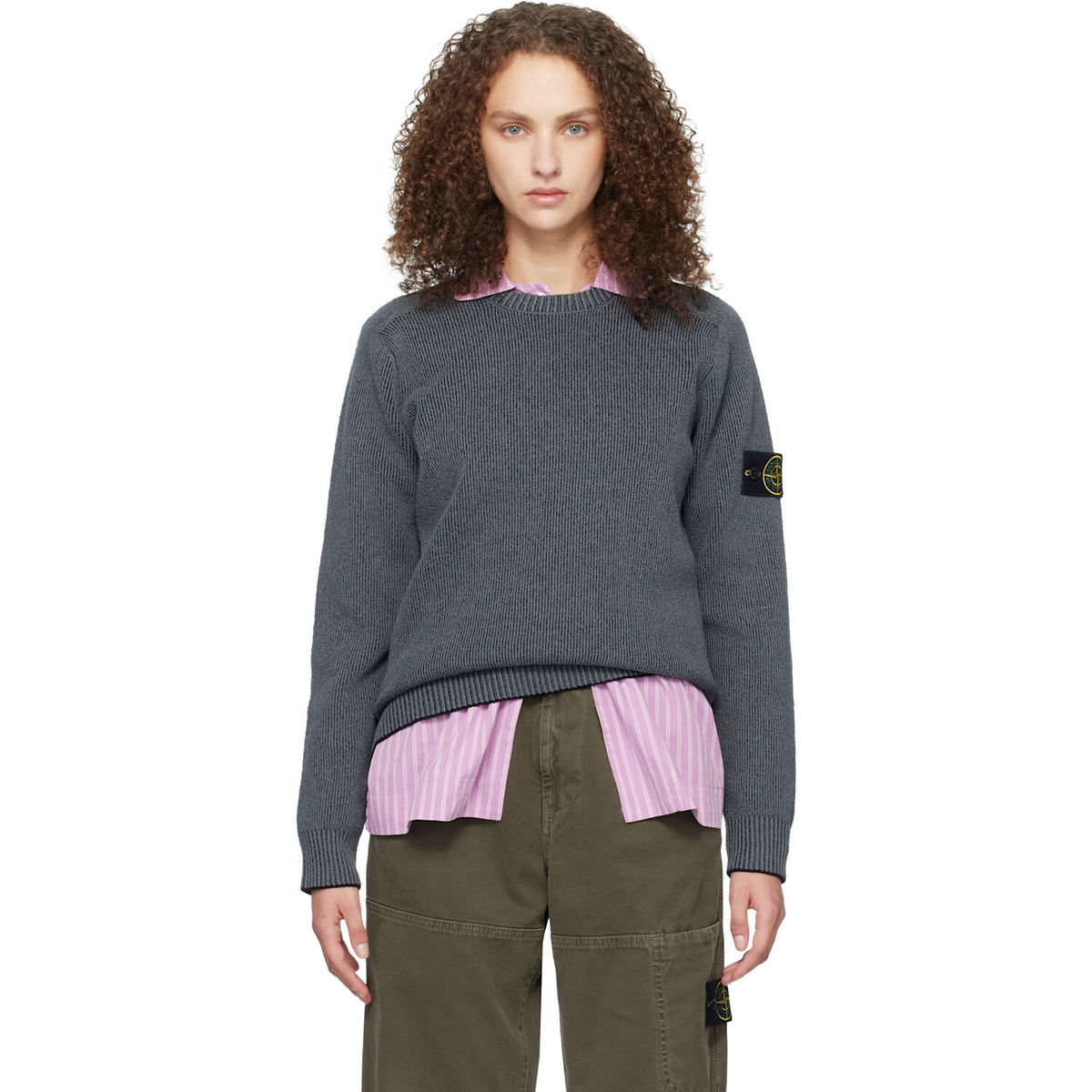 Stone Island Gray 5100033 Plated Rib Cotton Bouclé Sweater