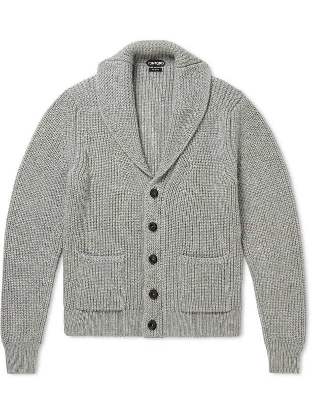 Photo: TOM FORD - Shawl-Collar Ribbed Cashmere-Blend Cardigan - Gray