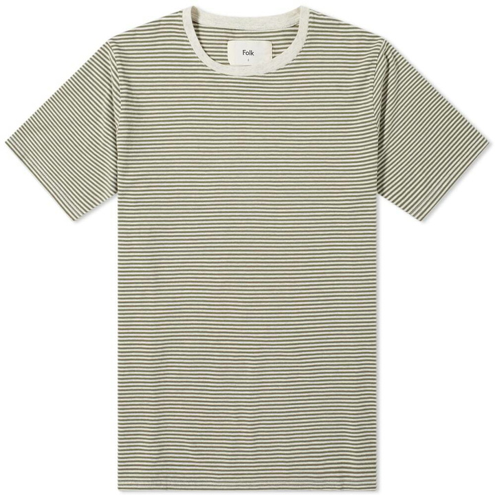 Photo: Folk Men's Stripe T-Shirt in Olive/Ecru Melange