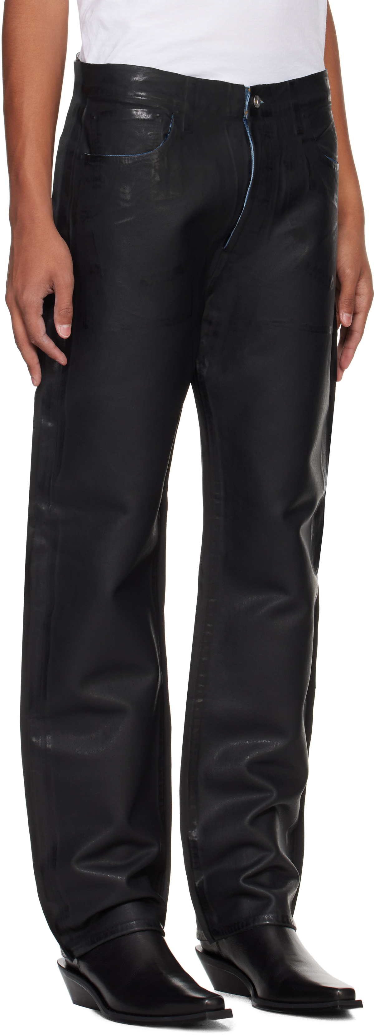 Karmuel Young Black Re-Edited Overprinted PU Leather Jeans