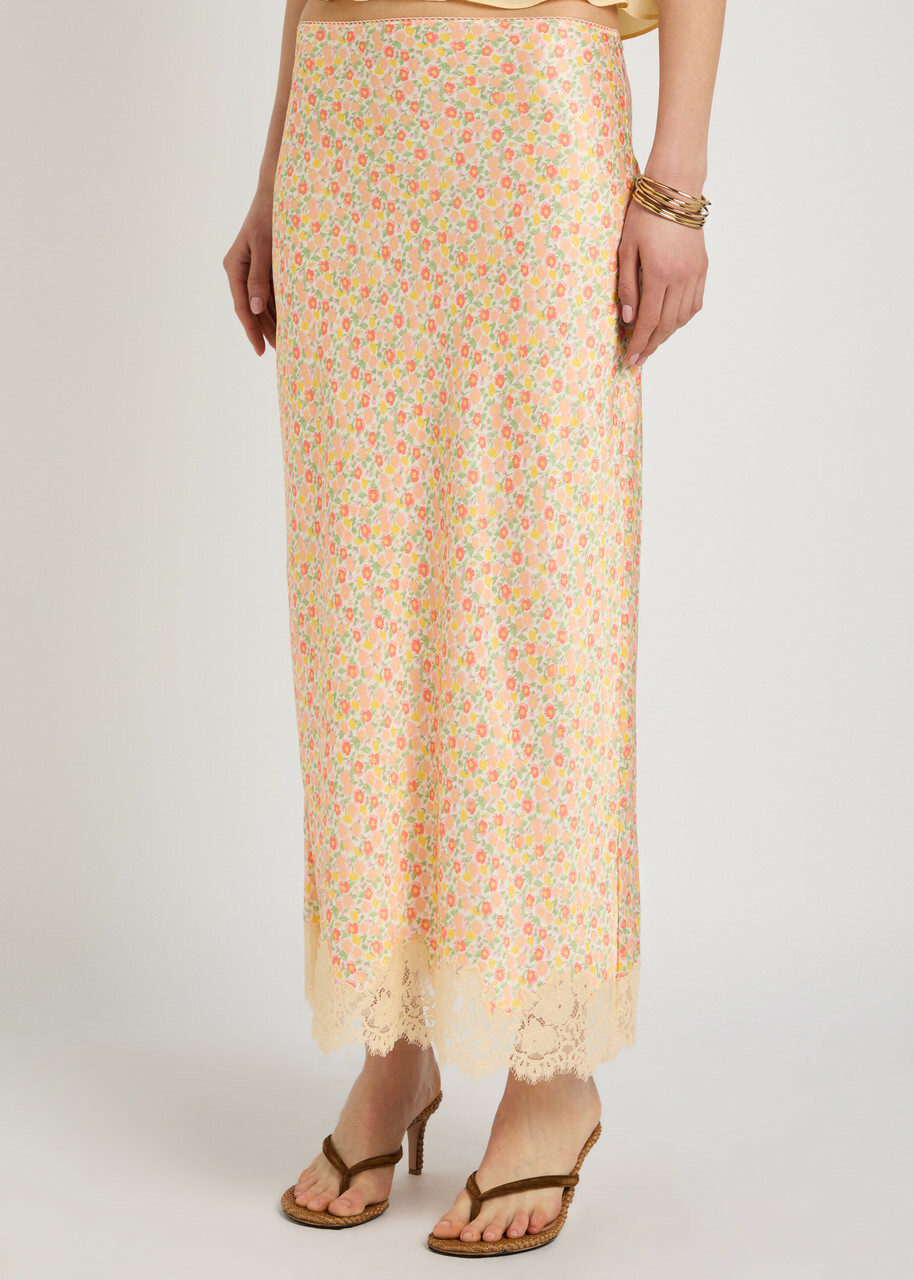 Rixo Matilde Floral-print Satin Midi Skirt Multicoloured