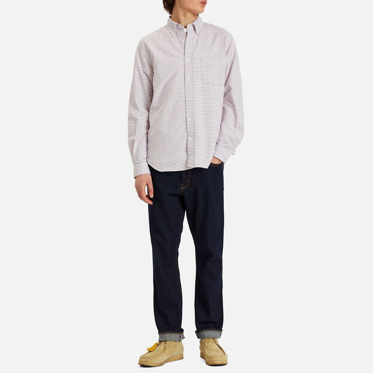 Beams Plus Men's Tattersall Check Button Down Oxford Shirt in White/Red/Navy