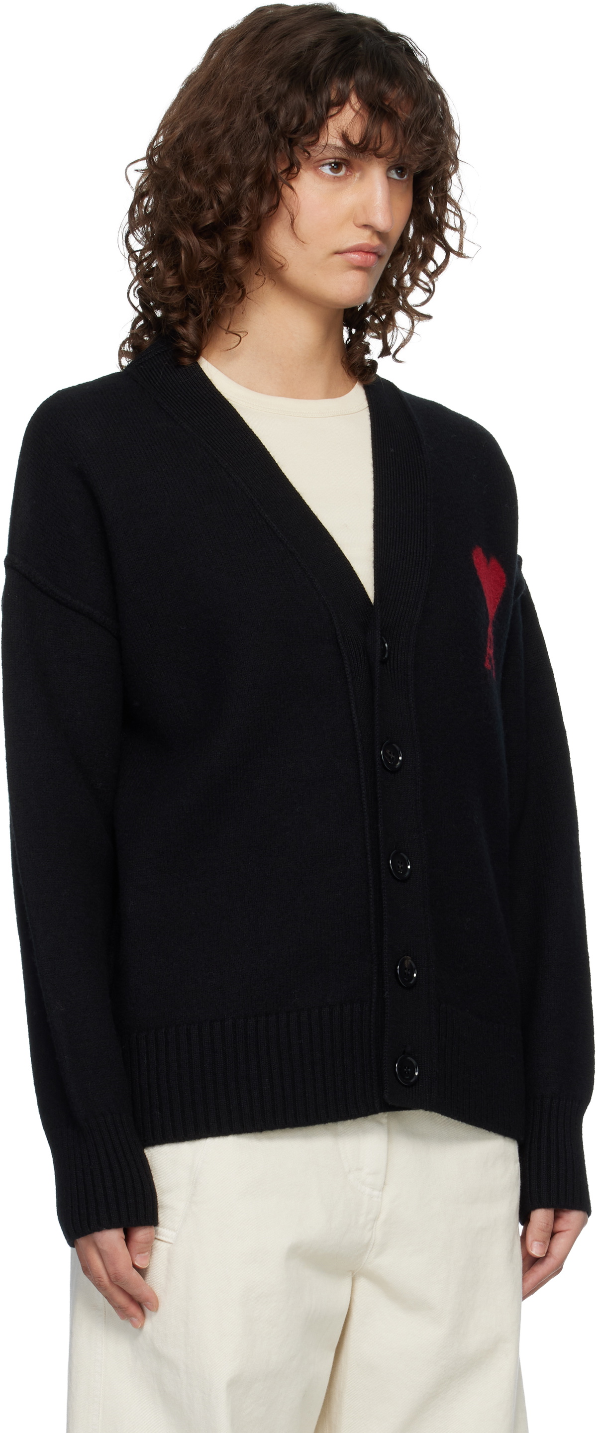 AMI Paris Black Wool Ami de Coeur Cardigan