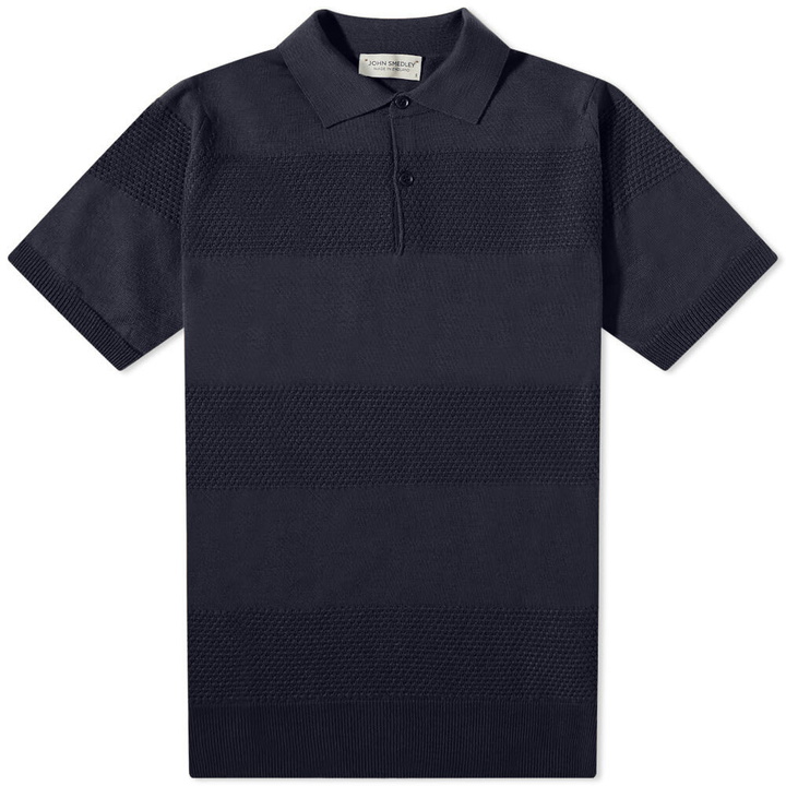 Photo: John Smedley Men's Textured Stripe Knit Polo Shirt in Midnight