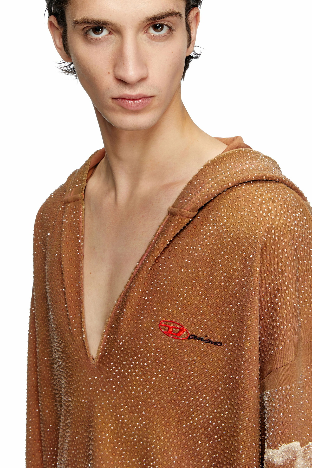 Diesel Treated V-neck hoodie with crystals - Sweaters - Unisex - Brown