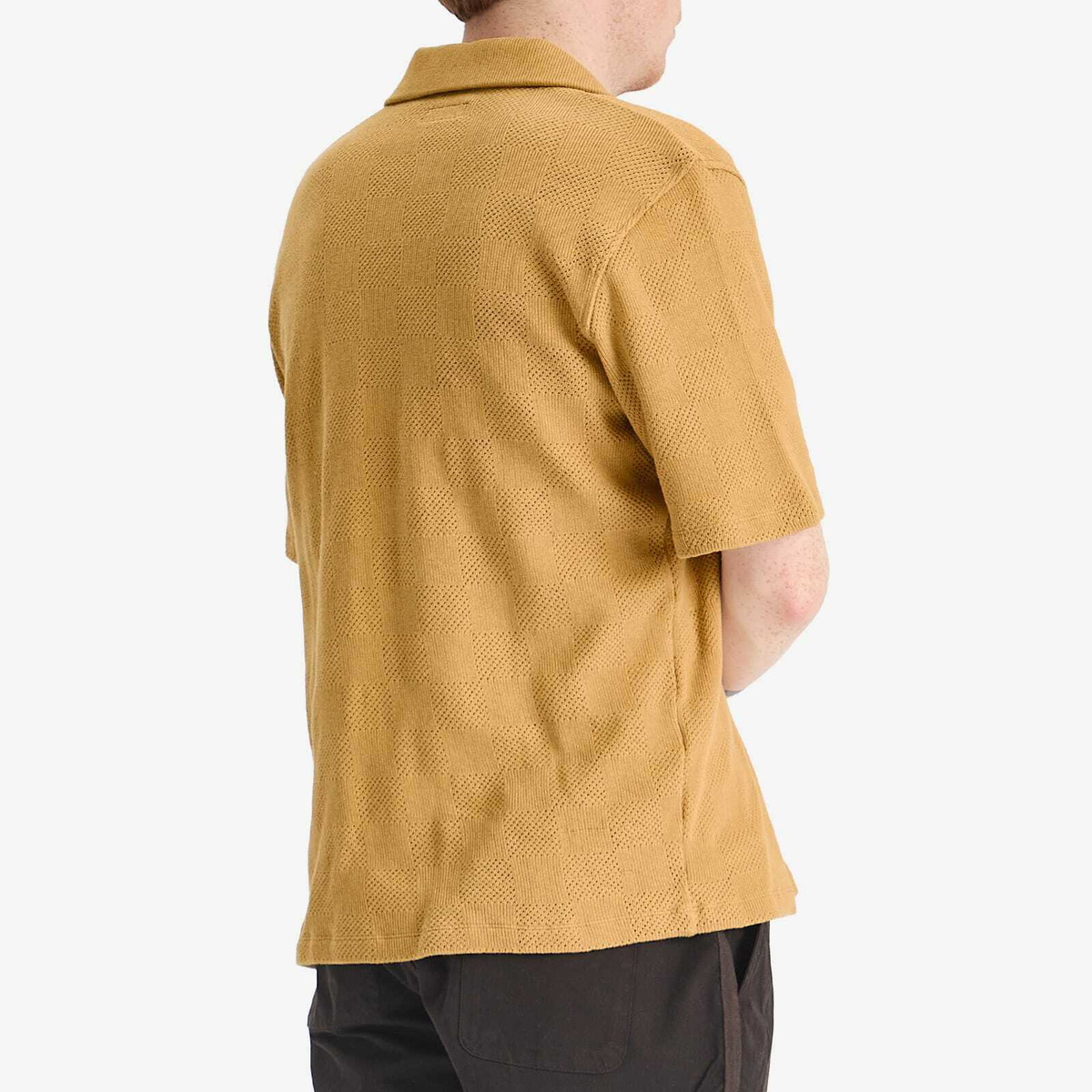 Universal Works Men's Checkerboard Button Through Polo in Sand