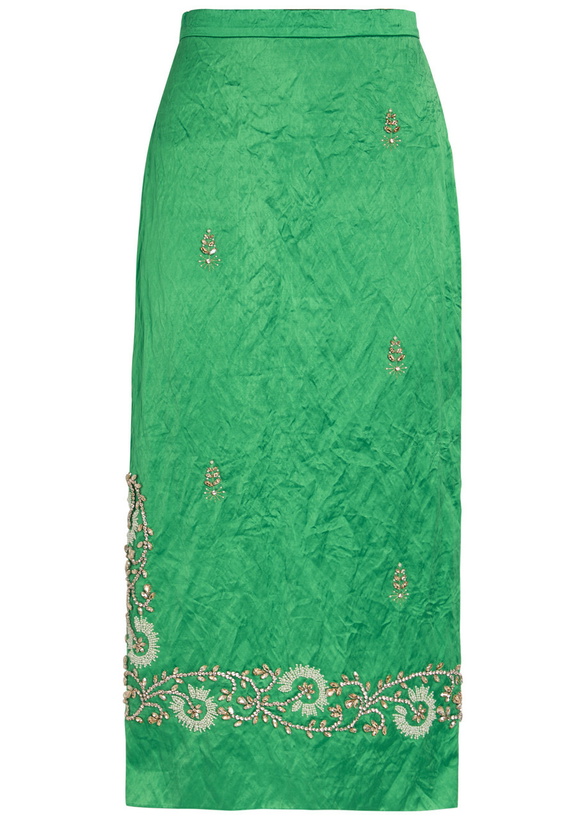 Photo: Erdem Embellished Crinkled Satin Midi Pencil Skirt Green