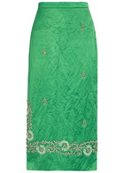 Erdem Embellished Crinkled Satin Midi Pencil Skirt Green