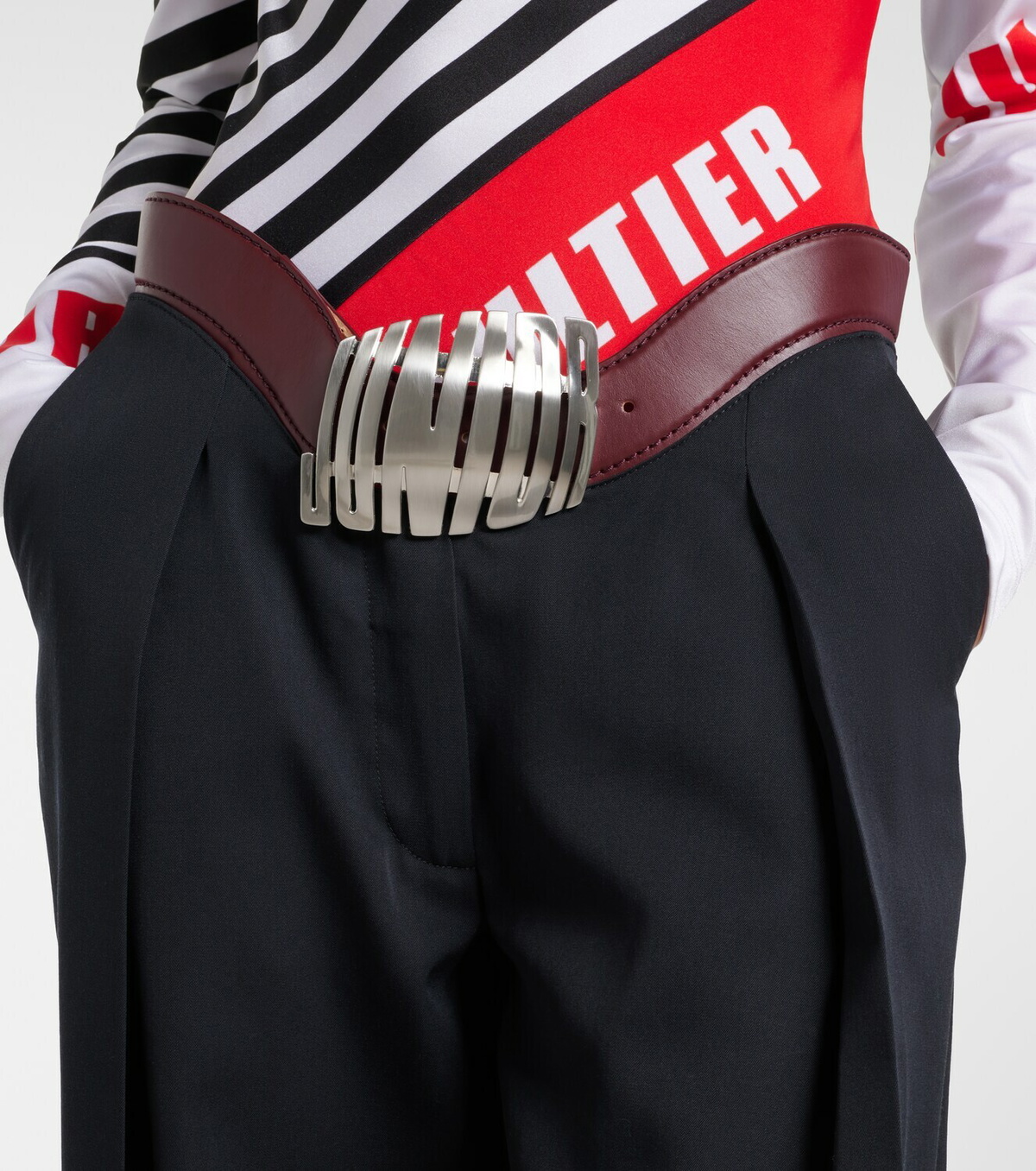 Jean Paul Gaultier Leather-trimmed wool wide-leg pants