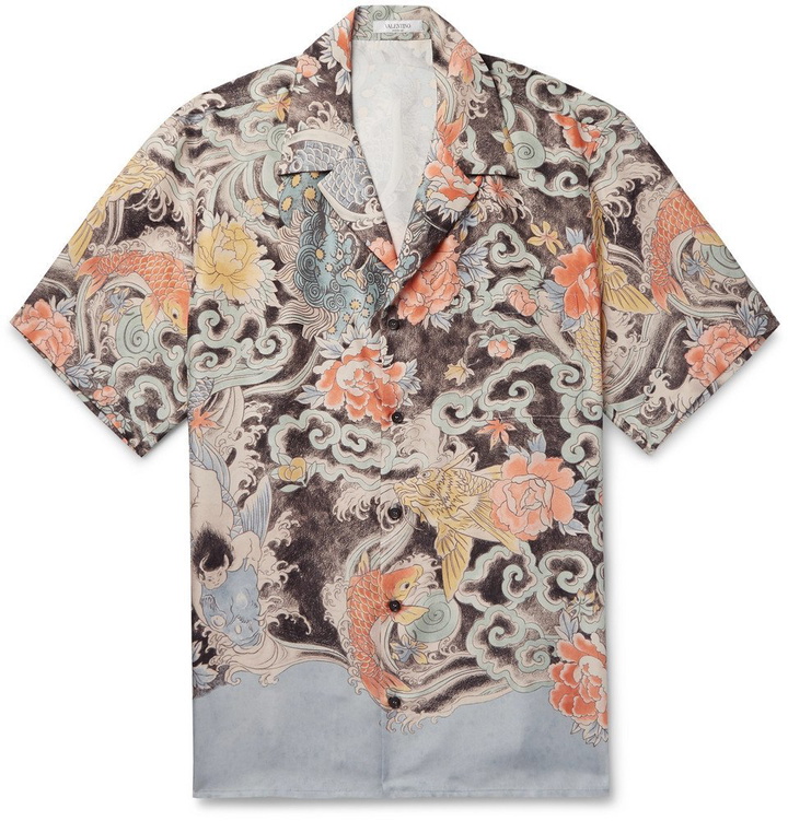 Photo: Valentino - Camp-Collar Printed Silk-Twill Shirt - Blue