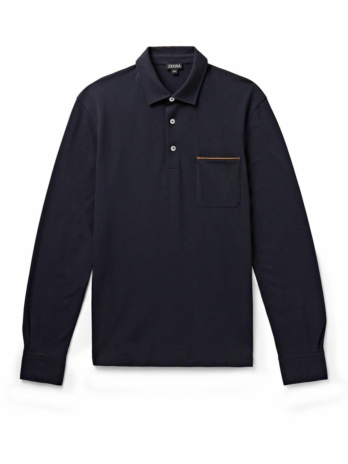 Zegna - Slim-Fit Suede-Trimmed Cotton-Piqué Polo Shirt - Blue Zegna