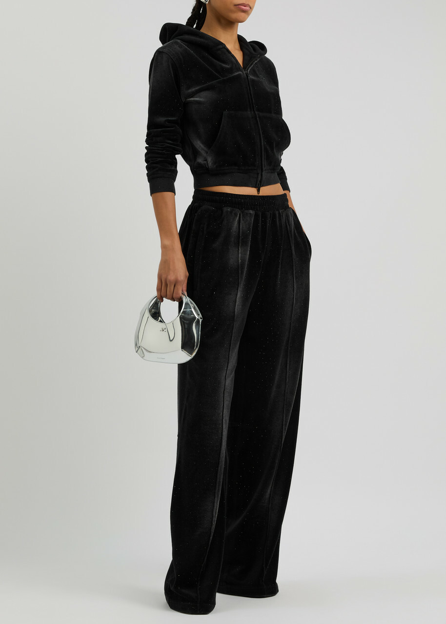 Alexanderwang.t Faded Crystal-embellished Hooded Velour Sweatshirt Black
