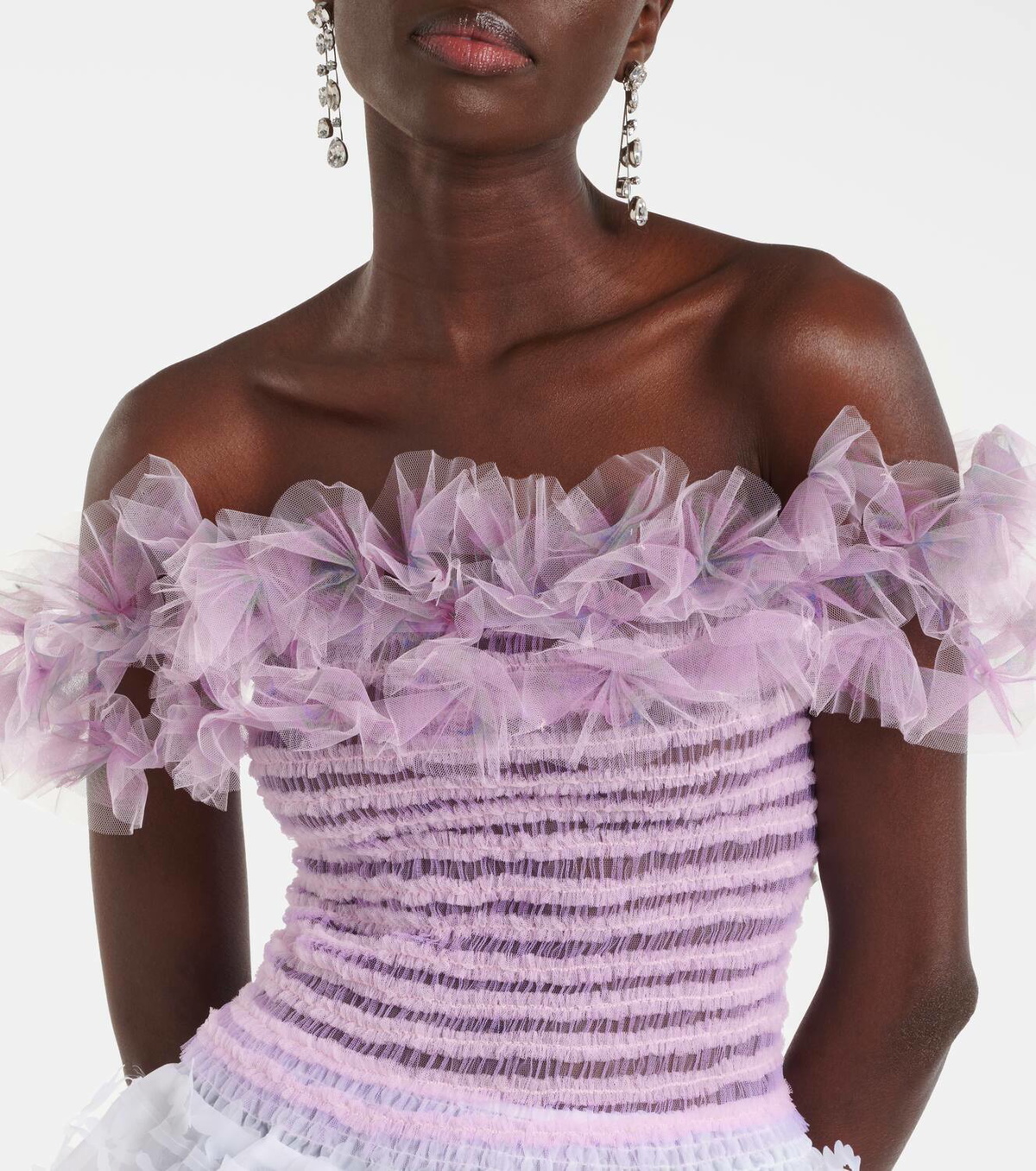 Susan Fang Shirred off-shoulder tulle top