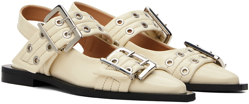 GANNI White Wide Welt Buckle Ballerina Flats