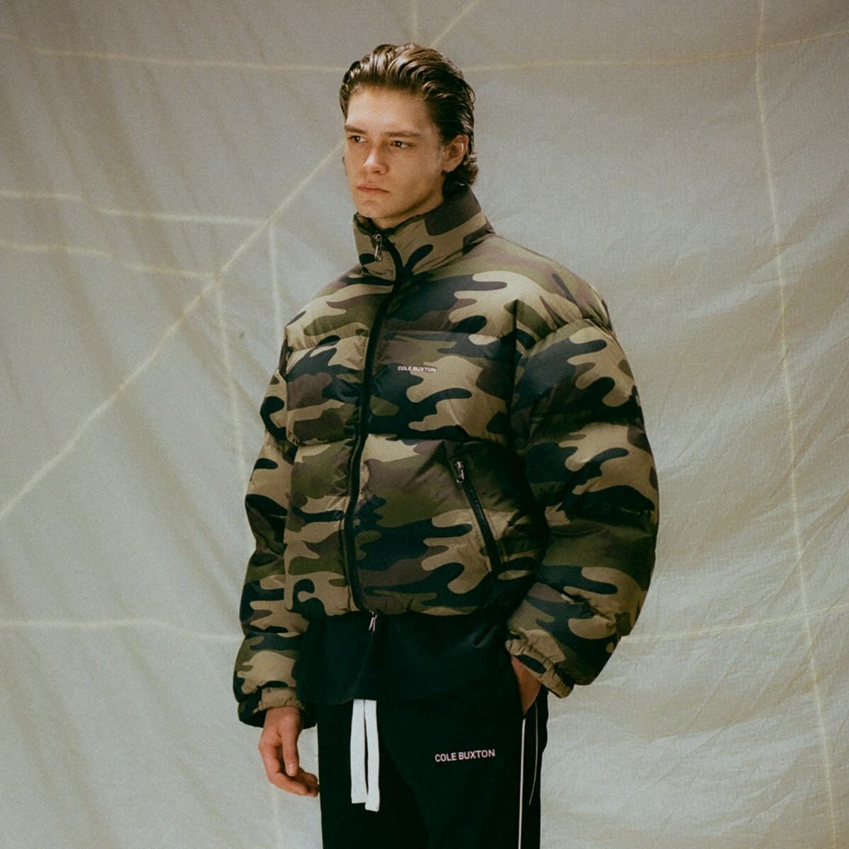 END. x Cole Buxton Hooded Cropped Insulated Puffer in Camo
