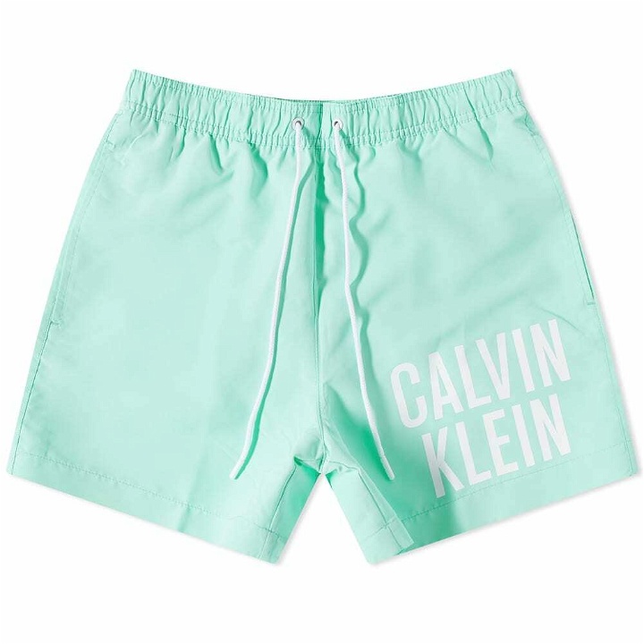 Photo: Calvin Klein Men's Large Logo Swim Short in Lagoon Green