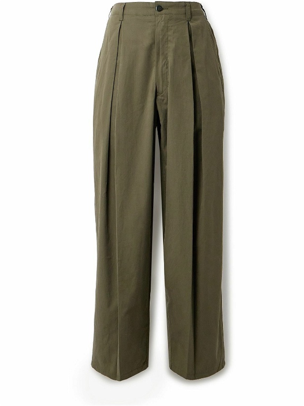 Photo: Monitaly - Ekusy Wide-Leg Cropped Pleated Cotton Trousers - Green
